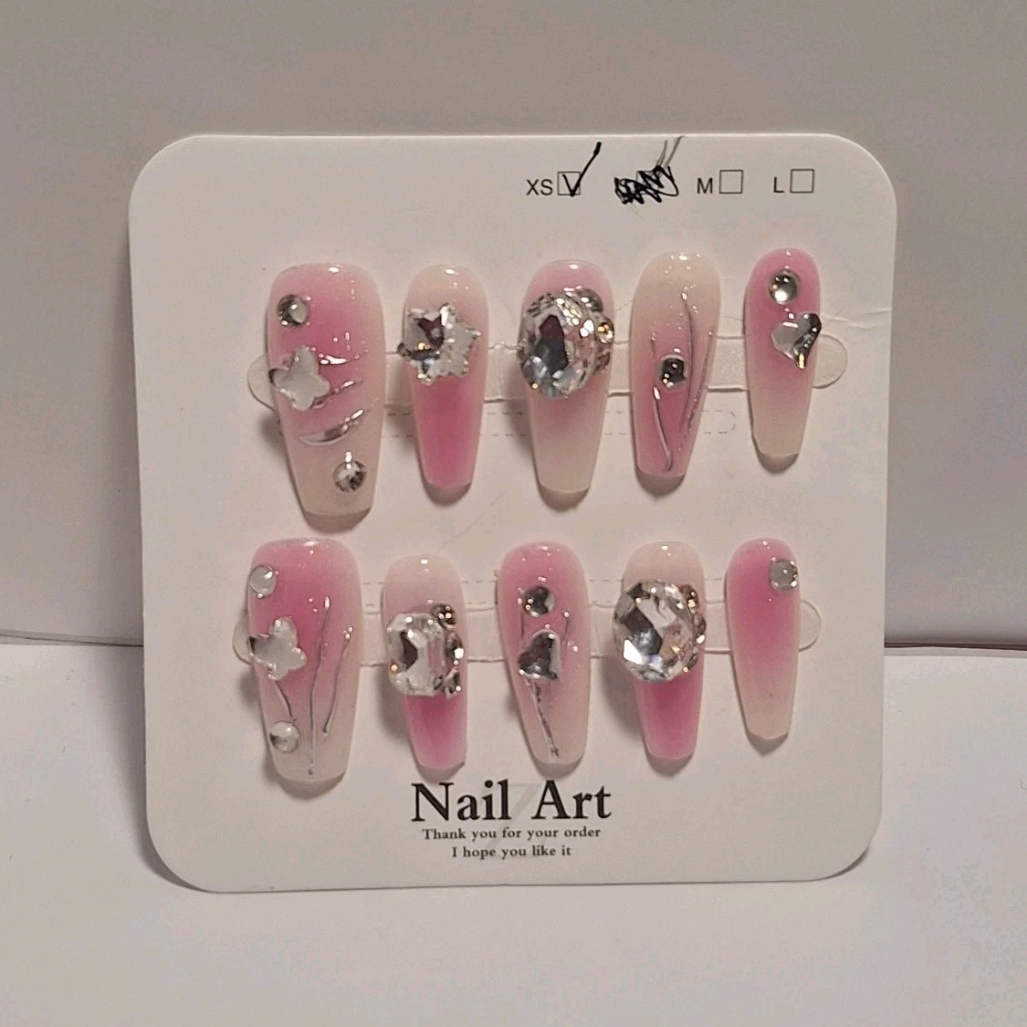 XS Press-On Nails Pink White 3D Shiny Coffin Sparkle Full Cover Pre-Designed