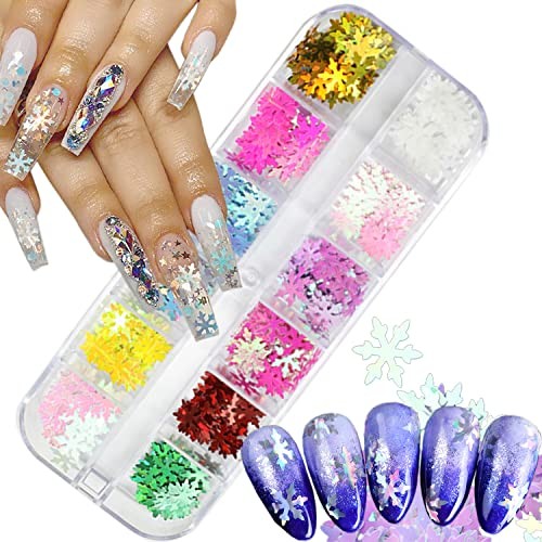Glitter Nail Art Sequins, 3D Christmas Sparkly Flakes Design, 12 Snowflake