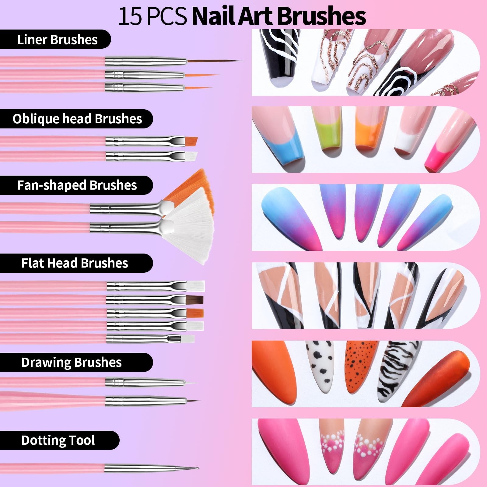 FANDAMEI 33pcs Nail Art Tools, Design Brushes, Pink