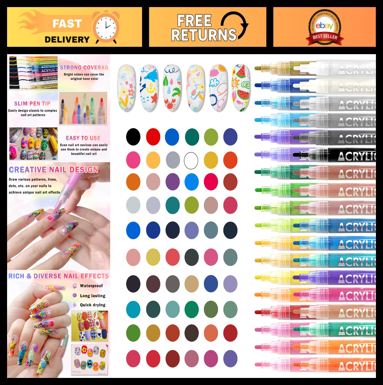 60 Colors Nail Art Pens Set – Quick-Drying Acrylic Paint Markers for DIY Manicur