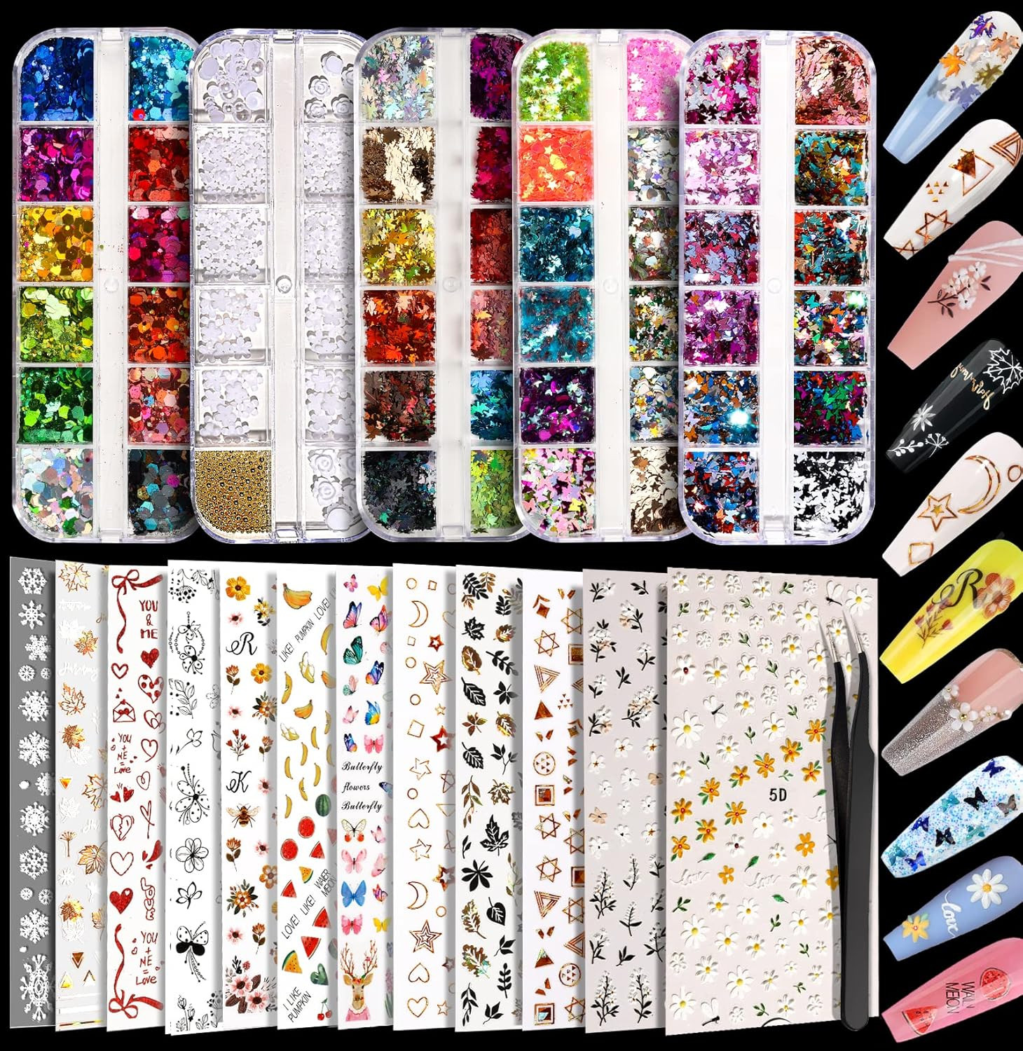 12 Hojas Para Uñas Acrilicas Gel Calcomanias y 5 lentejuelas copos En Oferta US