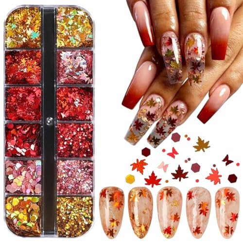 12 Grids Fall Nail Glitters 3D Gold Maple Leaf Nail Sequins with Glitter Gold