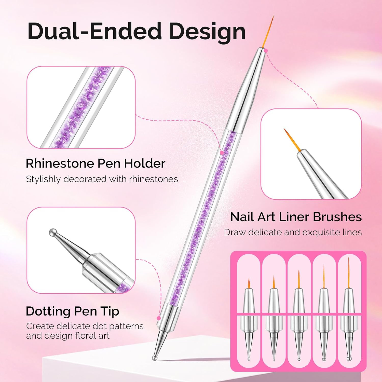 5 Pcs Nail Art Liner Brushes Dual Dotting Pen Set, for Long Lines French Tips Na