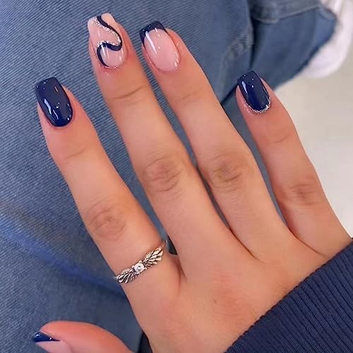 Dark Blue Press On Nails – Short, Glossy False Nails with Shiny 27