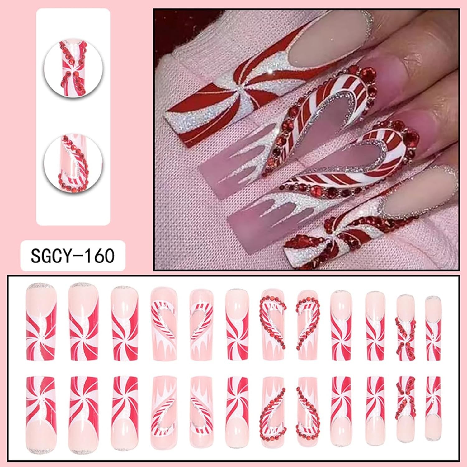 Christmas Bling French Tip Press on Nails Long Square Fake Nails with Candy C…