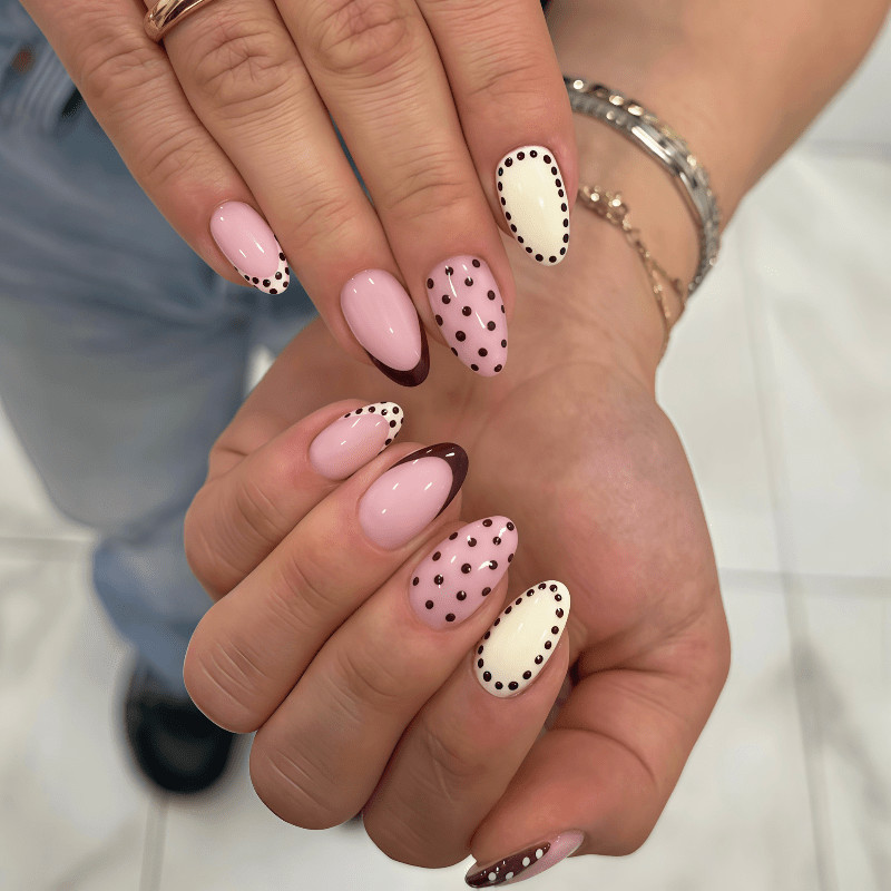 30Pcs-Long Almond Pink White Burgundy Polka Dot French Art Design Press on Nails