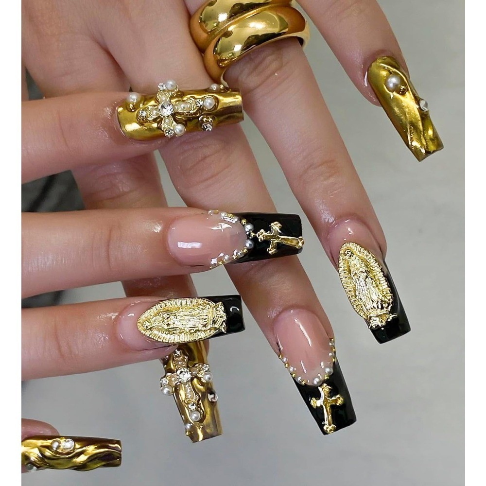 128PCS Gold Nail Charms Set with Rhinestones Gems Rose Hearts Cross and Virgin