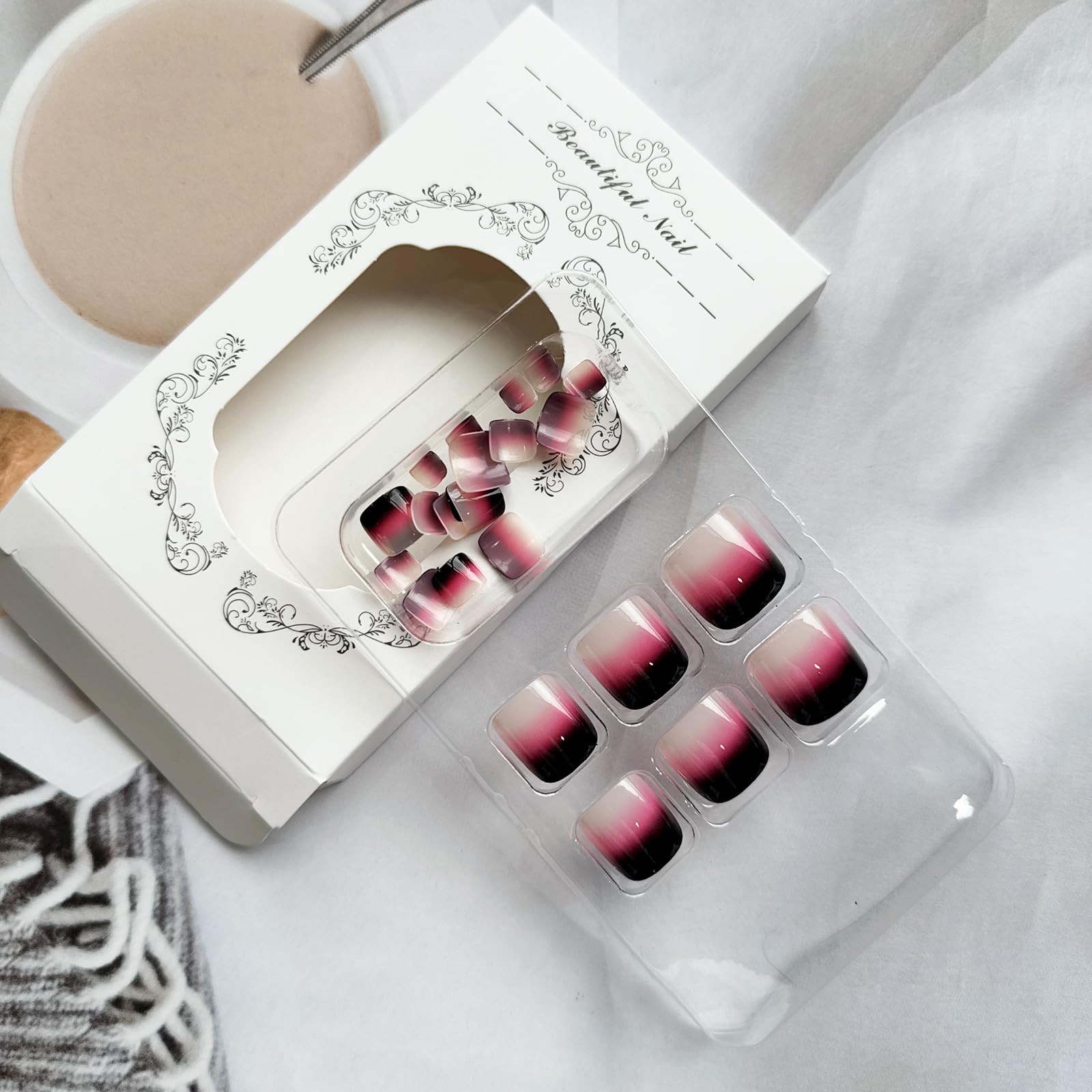 French Press on Toenails Gradient Black Pink Fake Toe Nails Summer Toenails