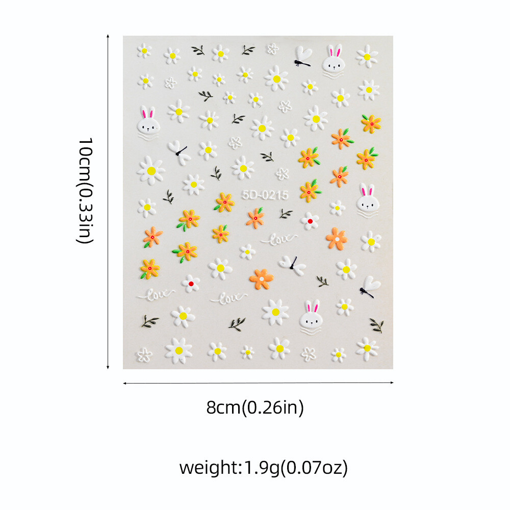 5D Embossed Nail Stickers Daisy Heart Flower Bow Engraved Adhesive Peel NH27