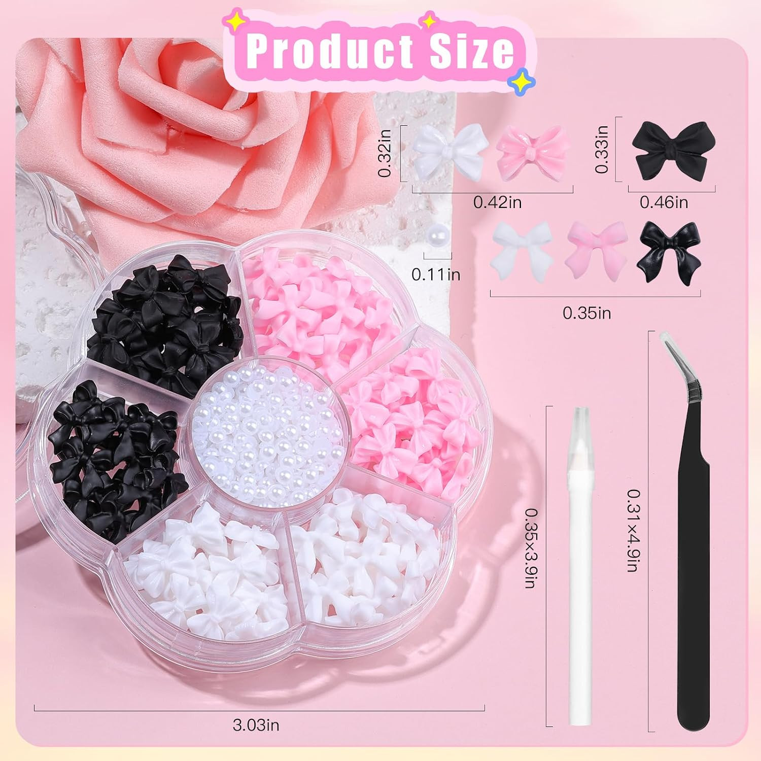 Charms Kit for Nails, 400Pcs Bow and Flatback Pearls Set, 3D Acrylic Rhinestones