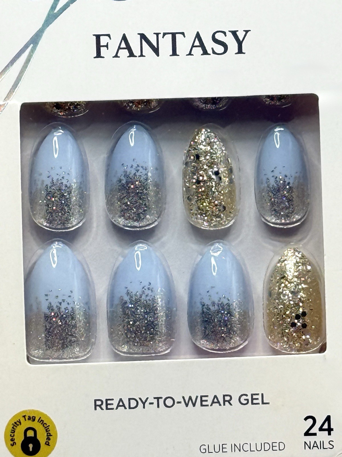 Kiss Gel Fantasy Almond Blue Glitter Medium Press-On Nails Manicure 78420