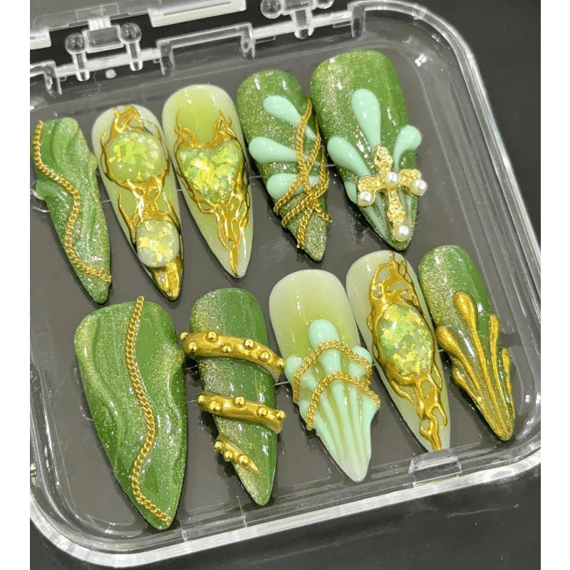 Chain Cross Handmade Press on Nails Opal Pearl Green Sheer Gloss Fake Nails