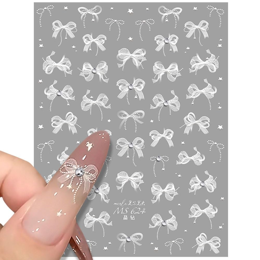 White Lace Bow Nail Stickers for Nail Art Supplies Cute Nail Bows Ribbon