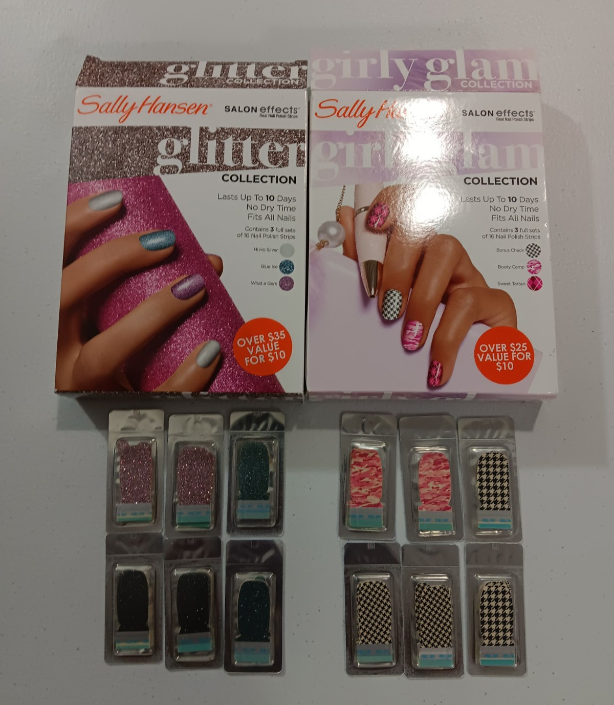 Lot 2 Sally Hansen Salon Effects Real Nail Polish Strips Glitter Girly Glam NIB