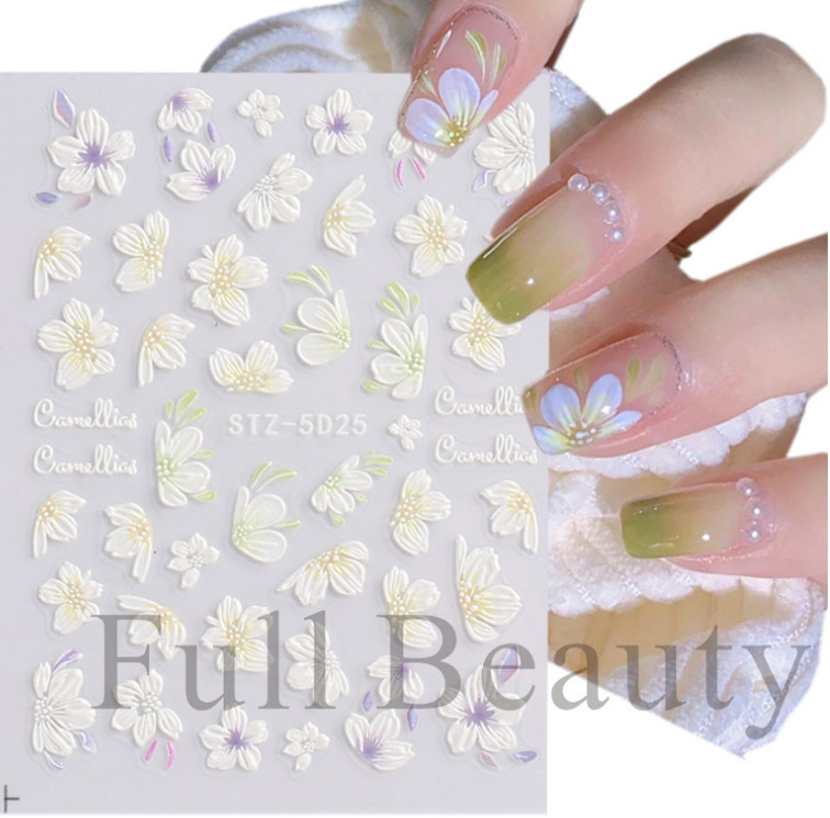 5D Embossed Tulip Camellia Flowers Leaf Nail Stickers Water Sliders Manicure DIY