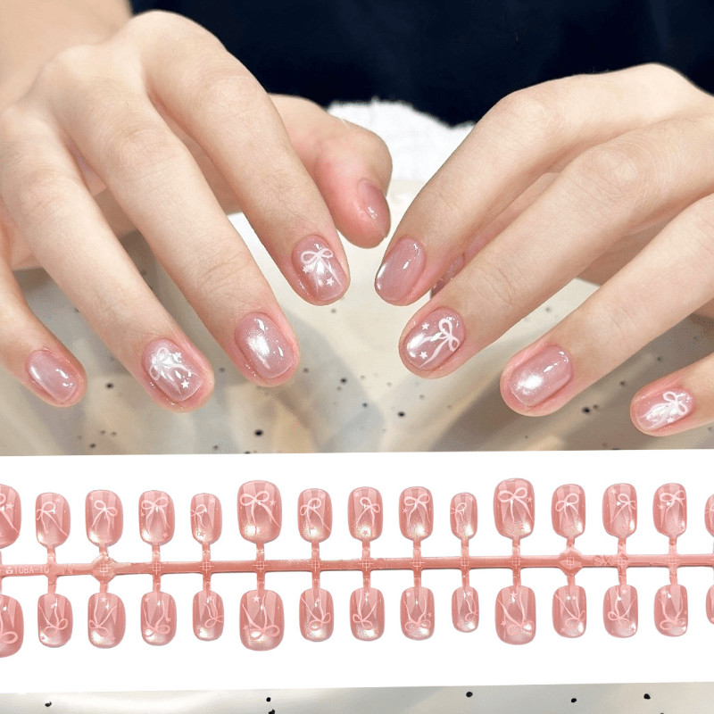 60pcs-Press on Nails Nude Short Round Bow Star Print Cat Eye Glossy Rhinestones