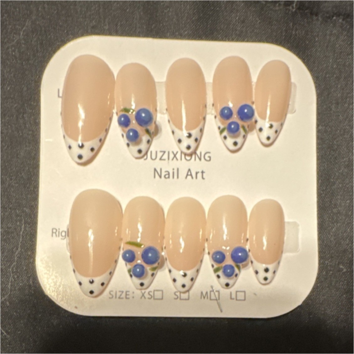JUZIXIONG 3D Almond Medium Press-On Nails Nude Blue Polka Dot Full Cover