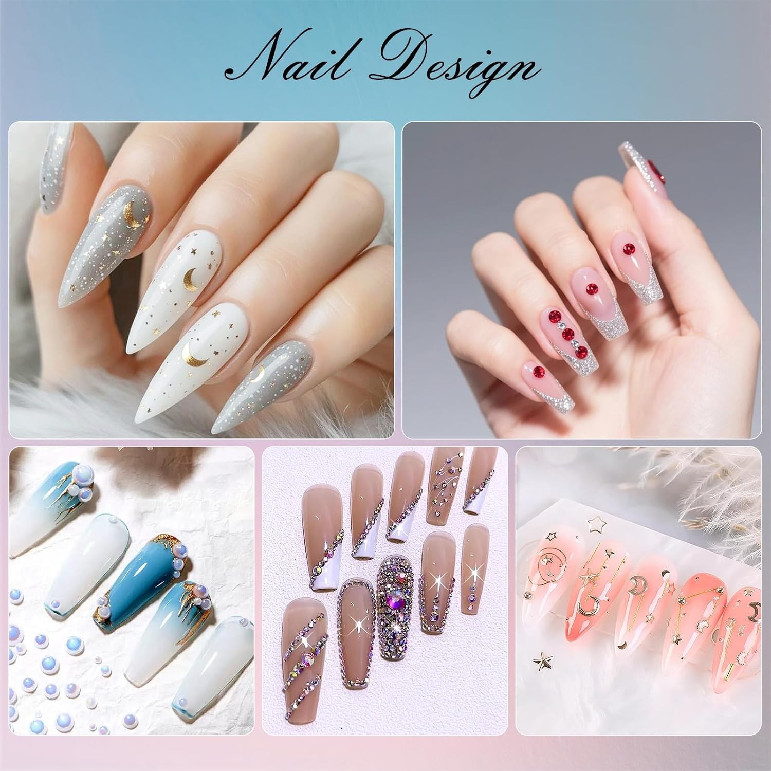 Artdone 3D Nail Art Glitter Studs Kit with 6 Multicolor Boxes & 15 Gold Stickers