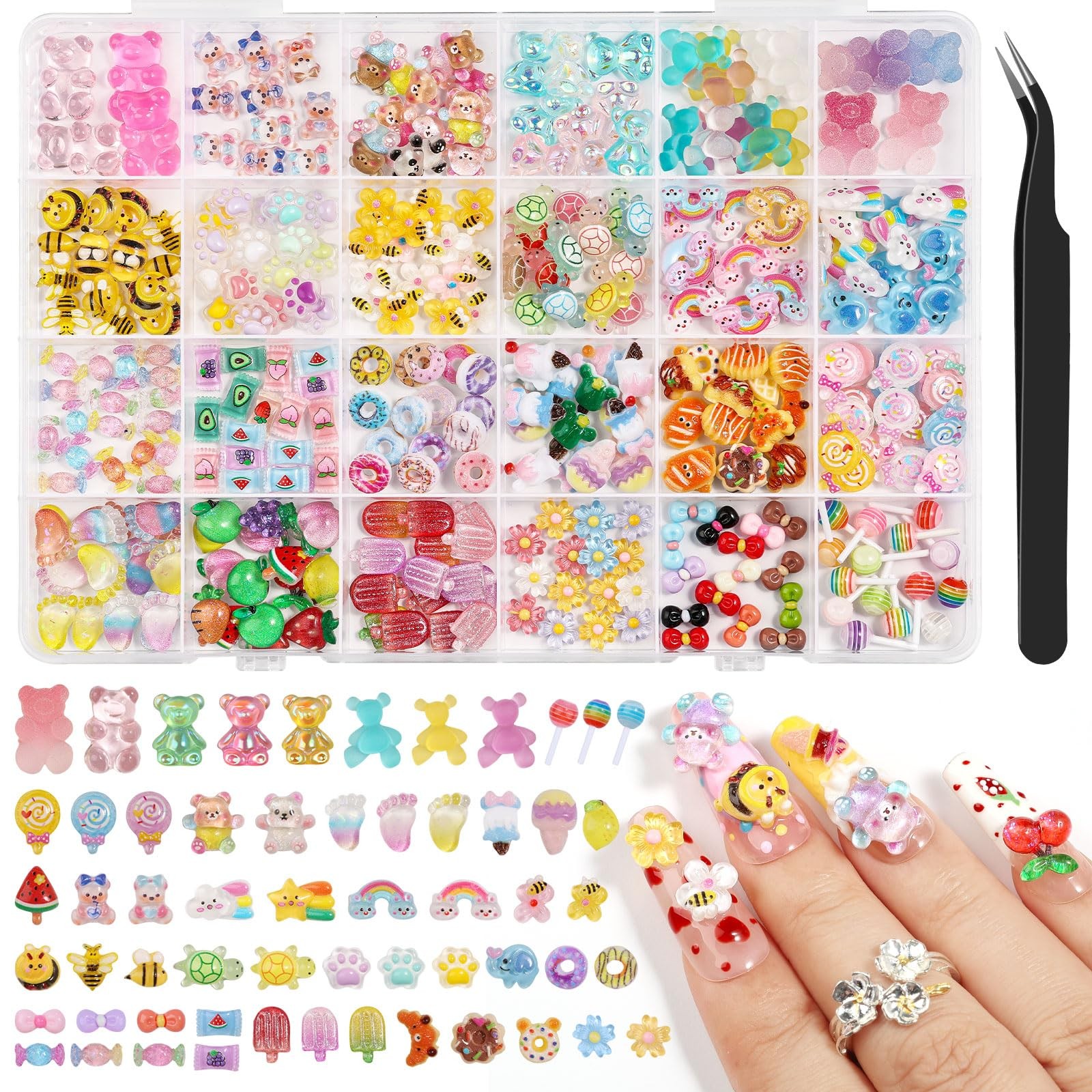 Kikonoke 300PCS Kawaii Nail Charms Kit, 3D Animal & Candy Animals &
