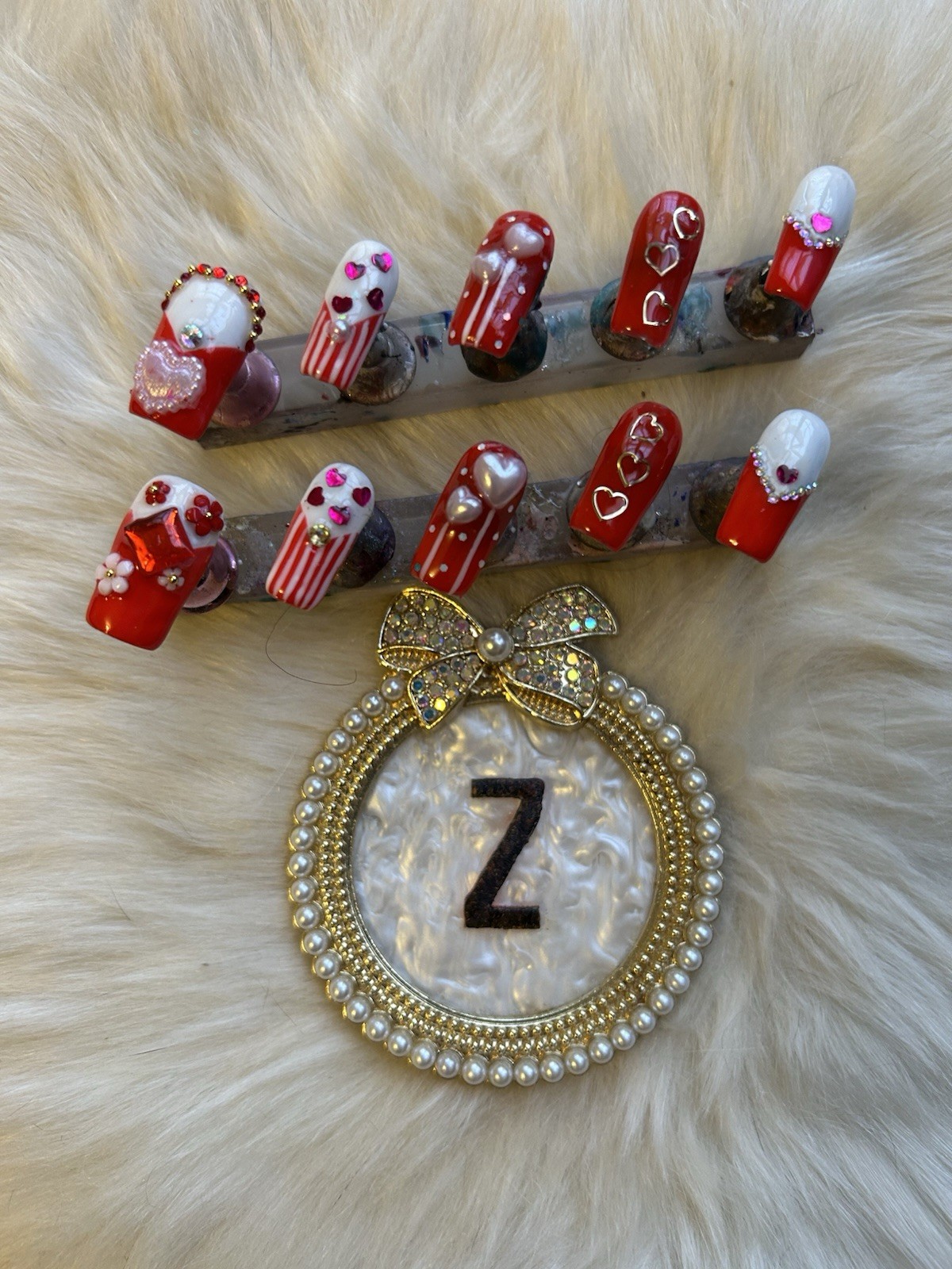 Z NAILZ! Handmade M Coffin Love/Valentine’s Day Red & White 3D Press On Nails