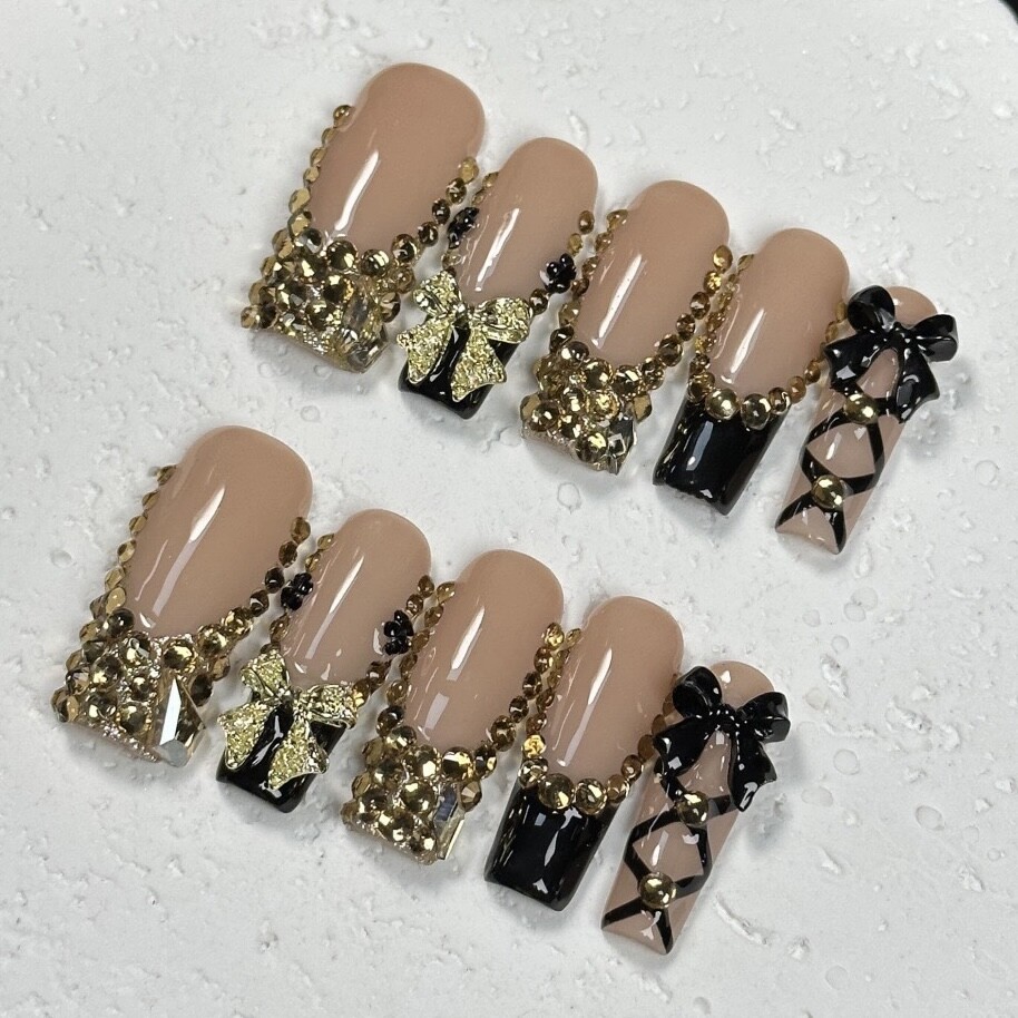 3D Crystal Gunmetal Press-On Nails – Ribbon Detail | Handmade Set of 10 | TikTok