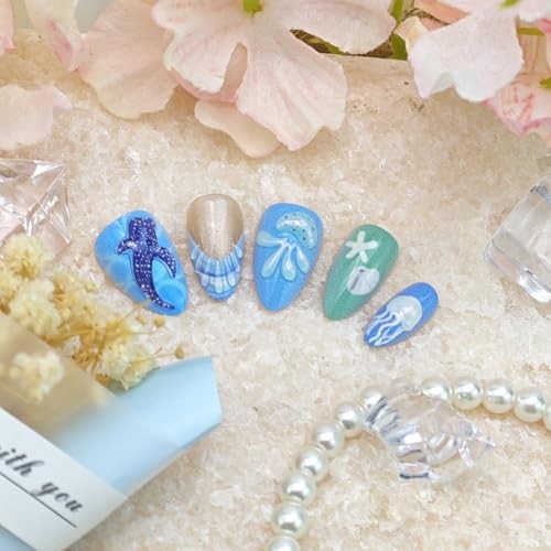 24Pcs Cute Summer Press on Nails – Short Almond French Tip – 3D Ocean-22