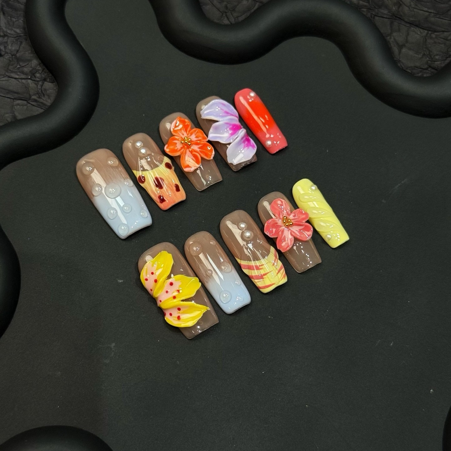 Summer Bloom 3D Flower Press On Nails, Medium, Handmade, Multicolored Acrylic