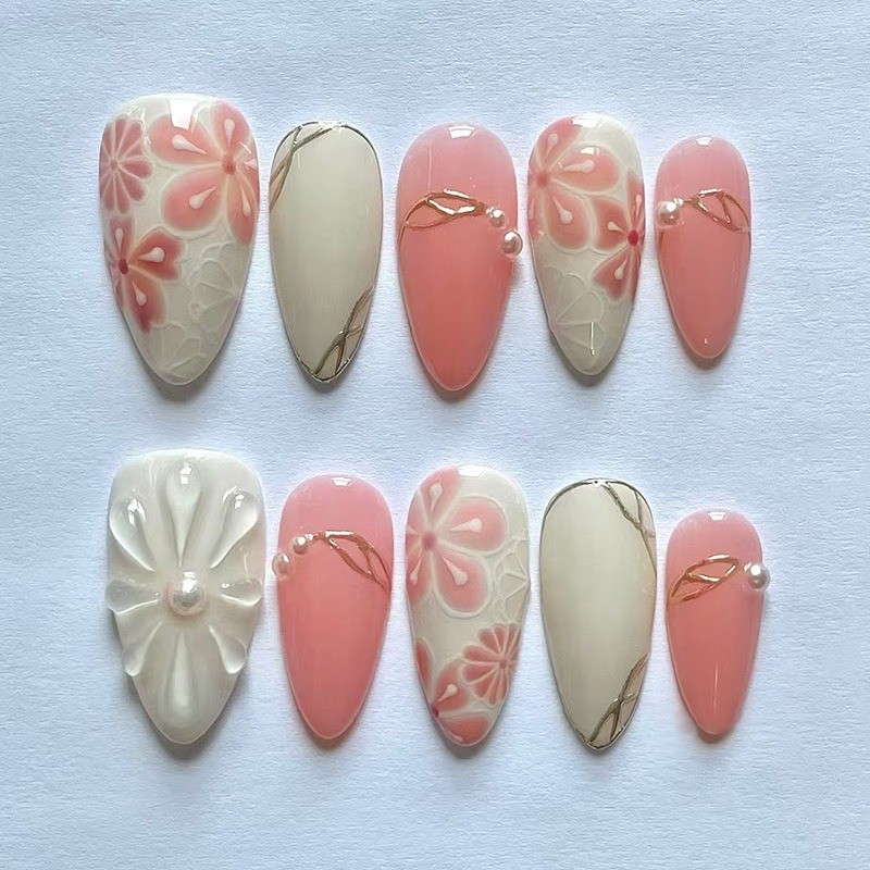 60pcs-Nude Pink Beige Press on Nails Cherry Blossom Print 3D Flower Almond Set