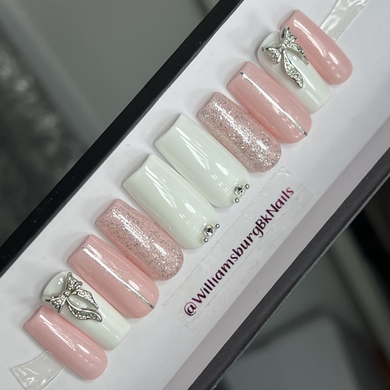 🎀 CUSTOM Gel Press On Nails, Pink BOW W/ Bling 10p set FULL SET W Kit