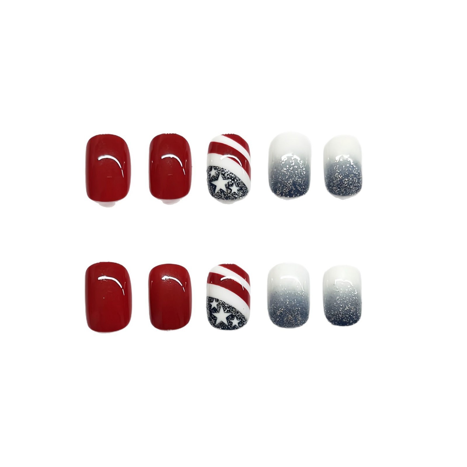 Patriotic Red Blue Glitter Square Press On Nails For Independence Day
