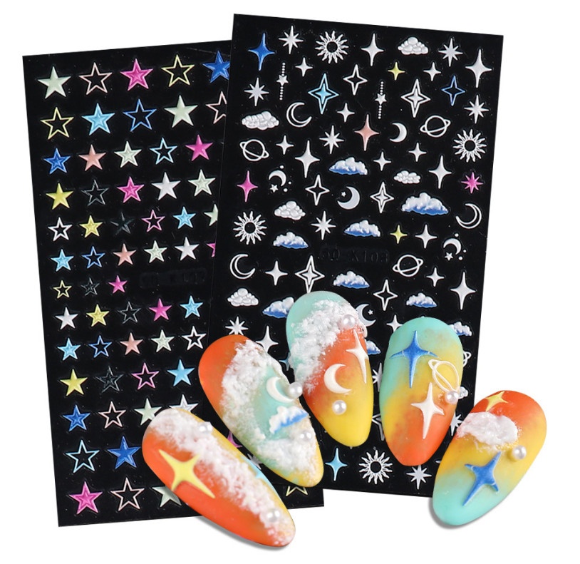 5D Embossed Nail Stickers Galaxies Star Moon Heart Engraved Adhesive DIY NS17