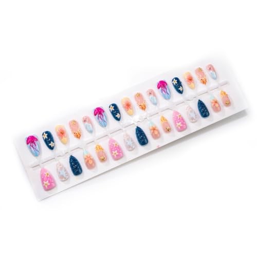 24Pcs Summer Ocean Press on Nails Blue Medium Almond Fake Nails with style08