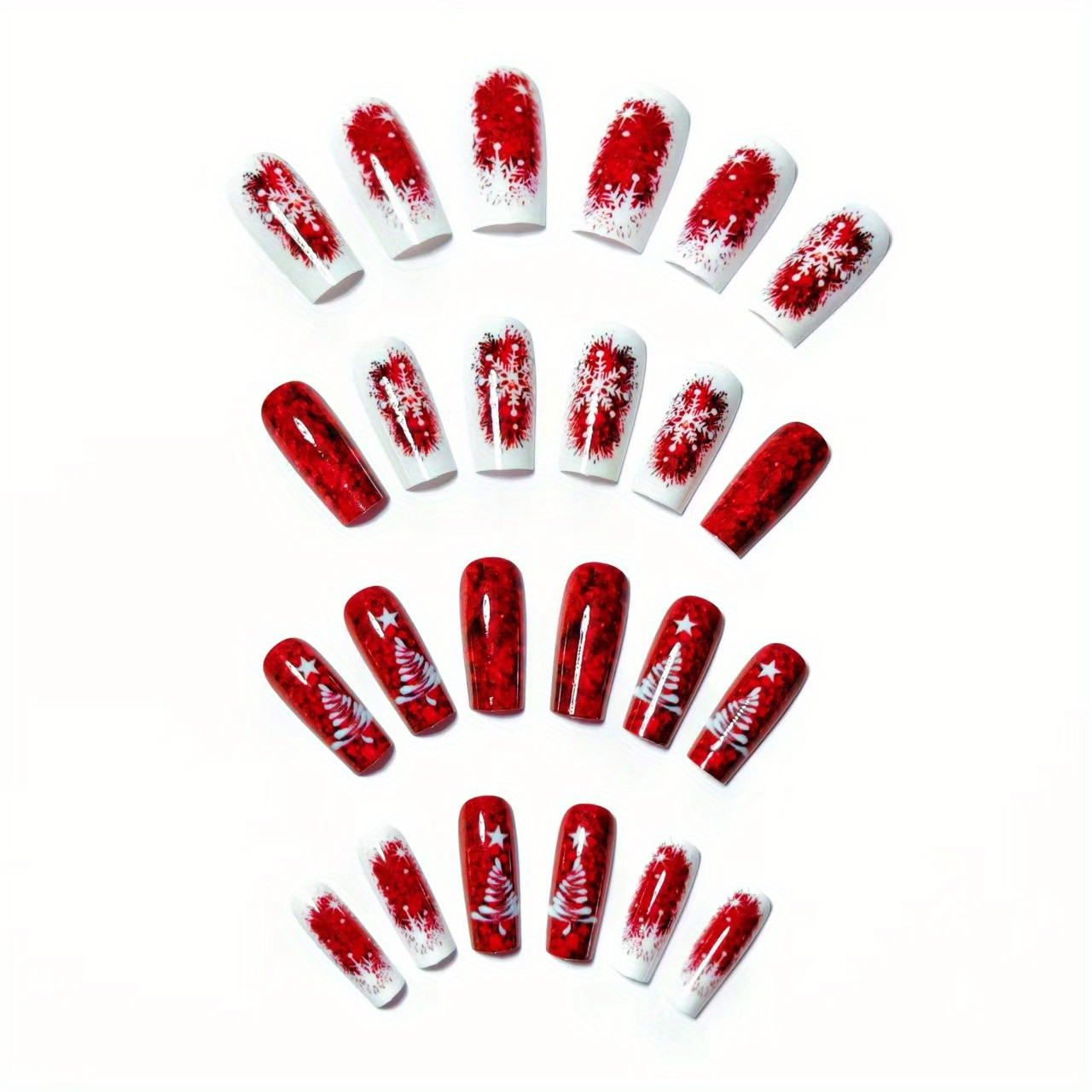 48pcs Christmas Press On Nails Red Glitter Snowflake Artificial Nails Full Cover