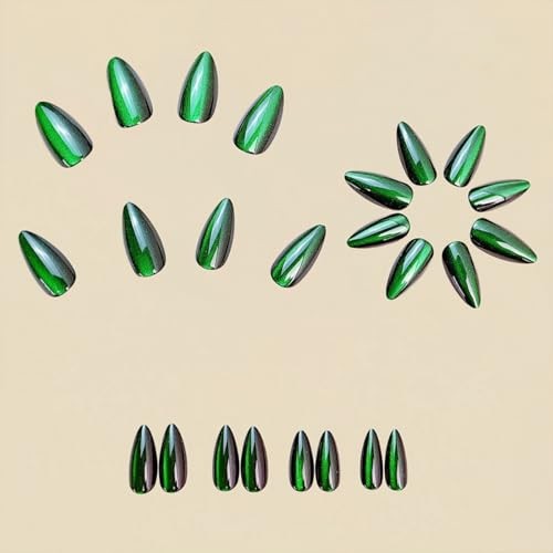 Green Glitter Press on Nails Medium Almond Fake Nails with Solid Color green