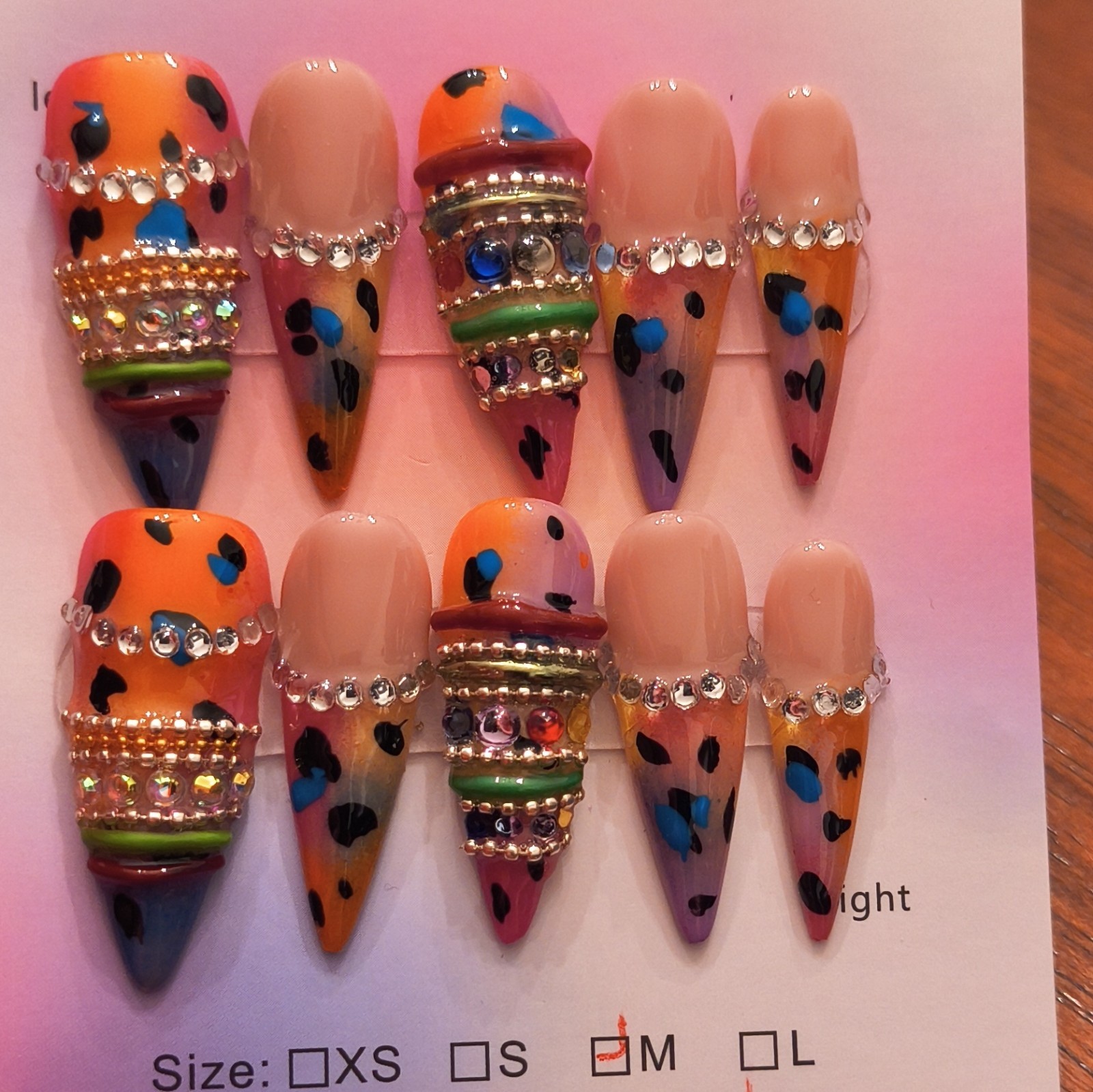 Press-On Nails Long Stiletto Nude/Multicolor 3D Leopard Rhinestone Full Cover