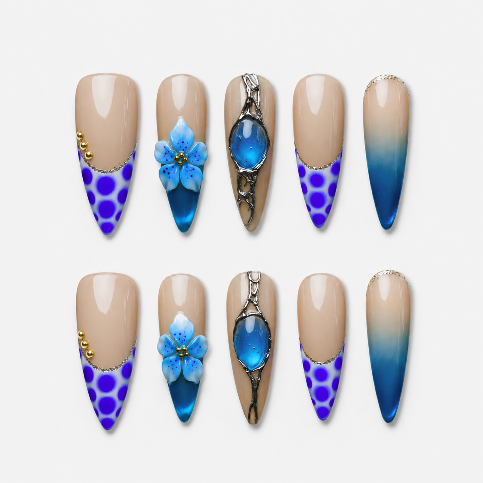 Handmade Blue Floral Press On Nails 3D Gem Nude Ombre Set