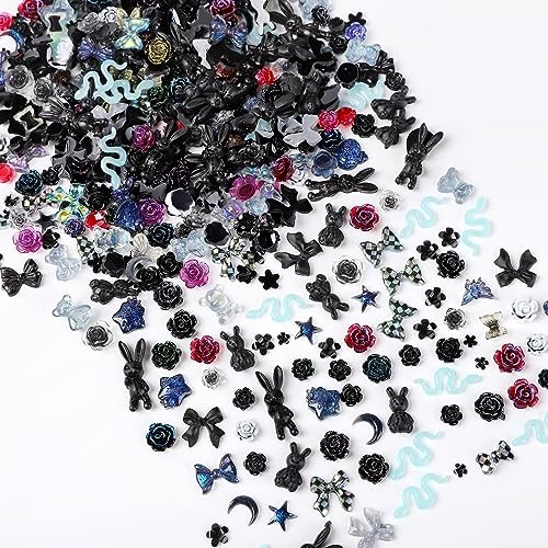 110 Pieces 3D Nail Charms for Acrylic Nails, Camellia Rose Flower Black