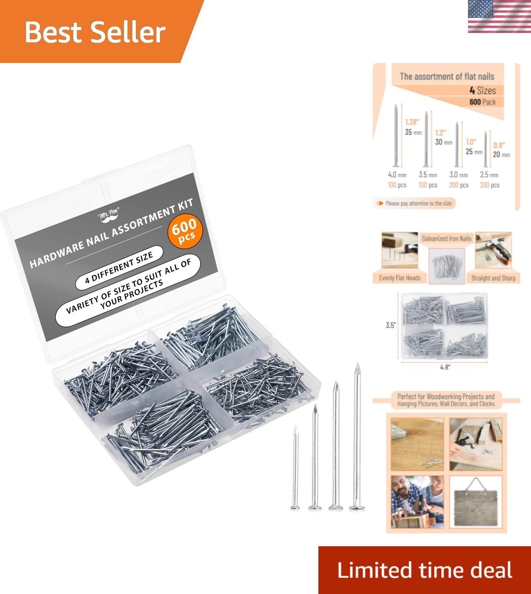 600 Pcs Nail Assortment Kit – 4 Sizes in Durable Silver for Easy DIY Projects