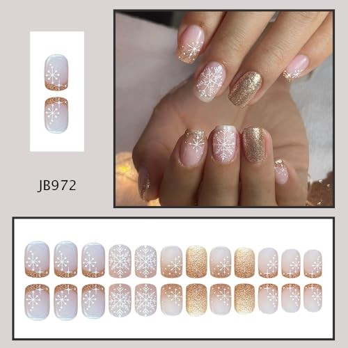Short Square Press on Nails Winter Snowflake Acrylic Nails Glitter Gold Style 4