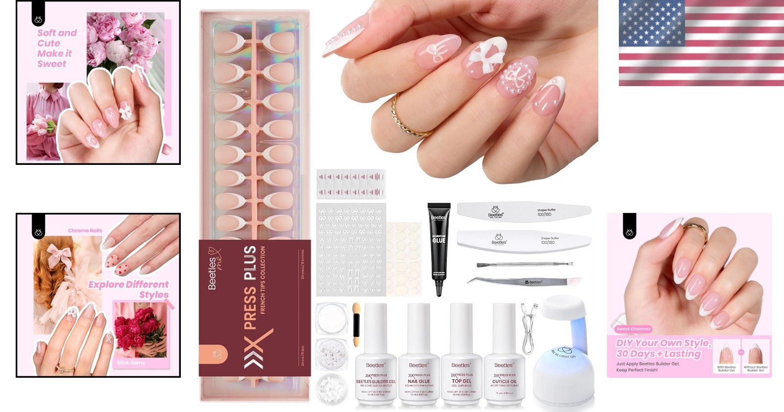 All-in-One Beetles Nail Kit: 224Pcs Short Almond Press-ons with Mini UV Light