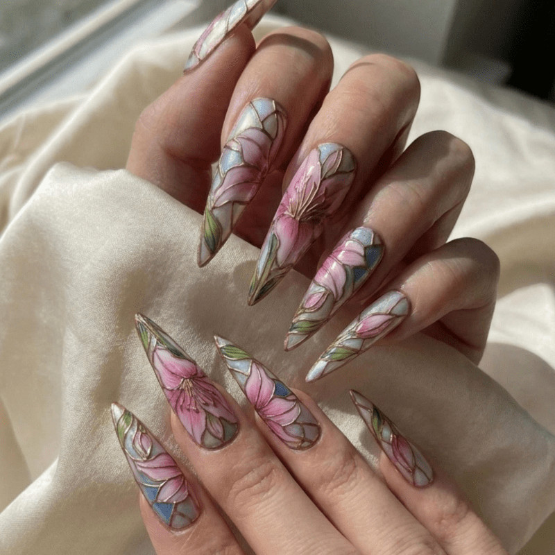 Lily Stained Handmade Press on Nails Gold Line Pastel Gloss Elegant Fake Nails
