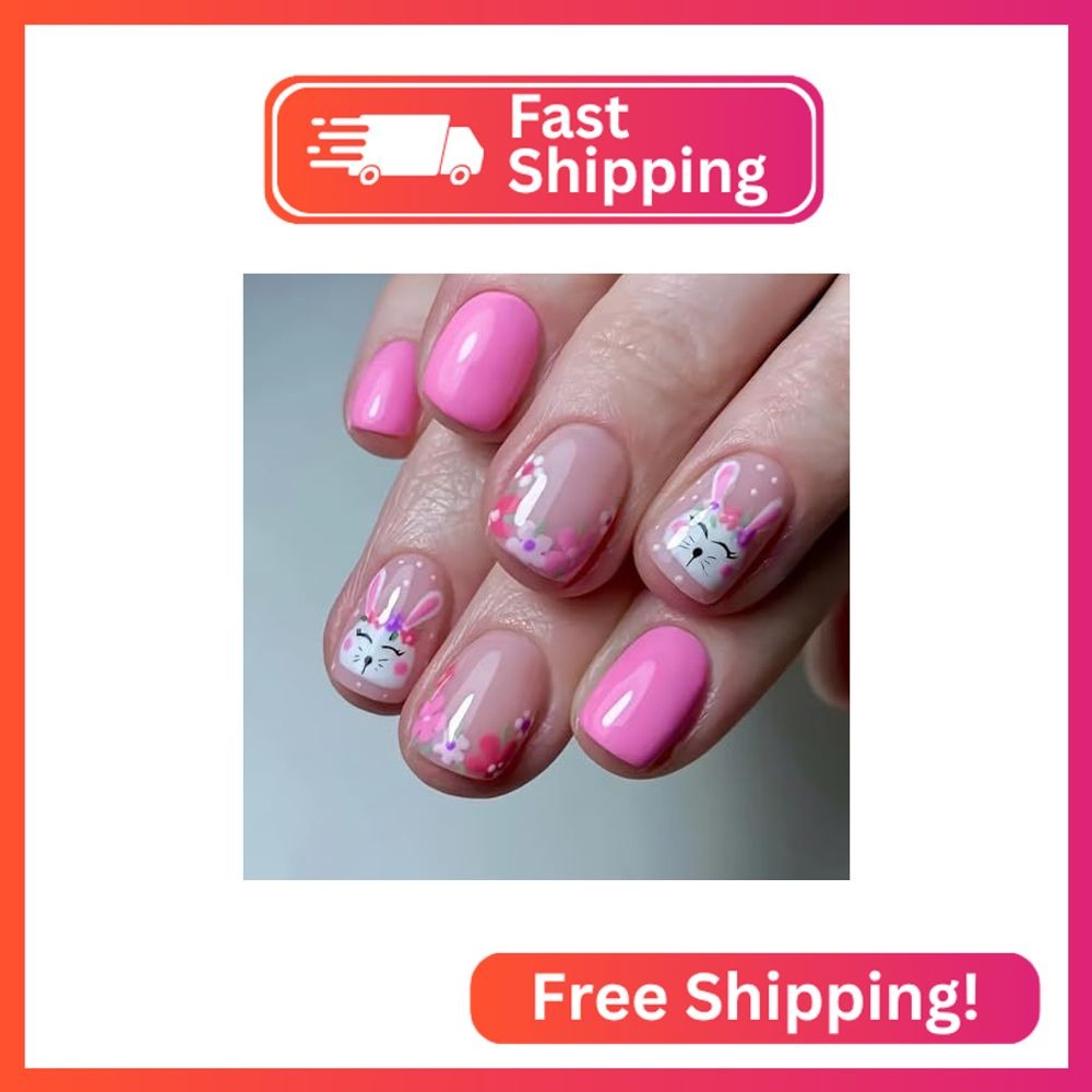 Easter Press on Nails Short Square Fake Nails Pink False Nails Cute Bunny Acryli