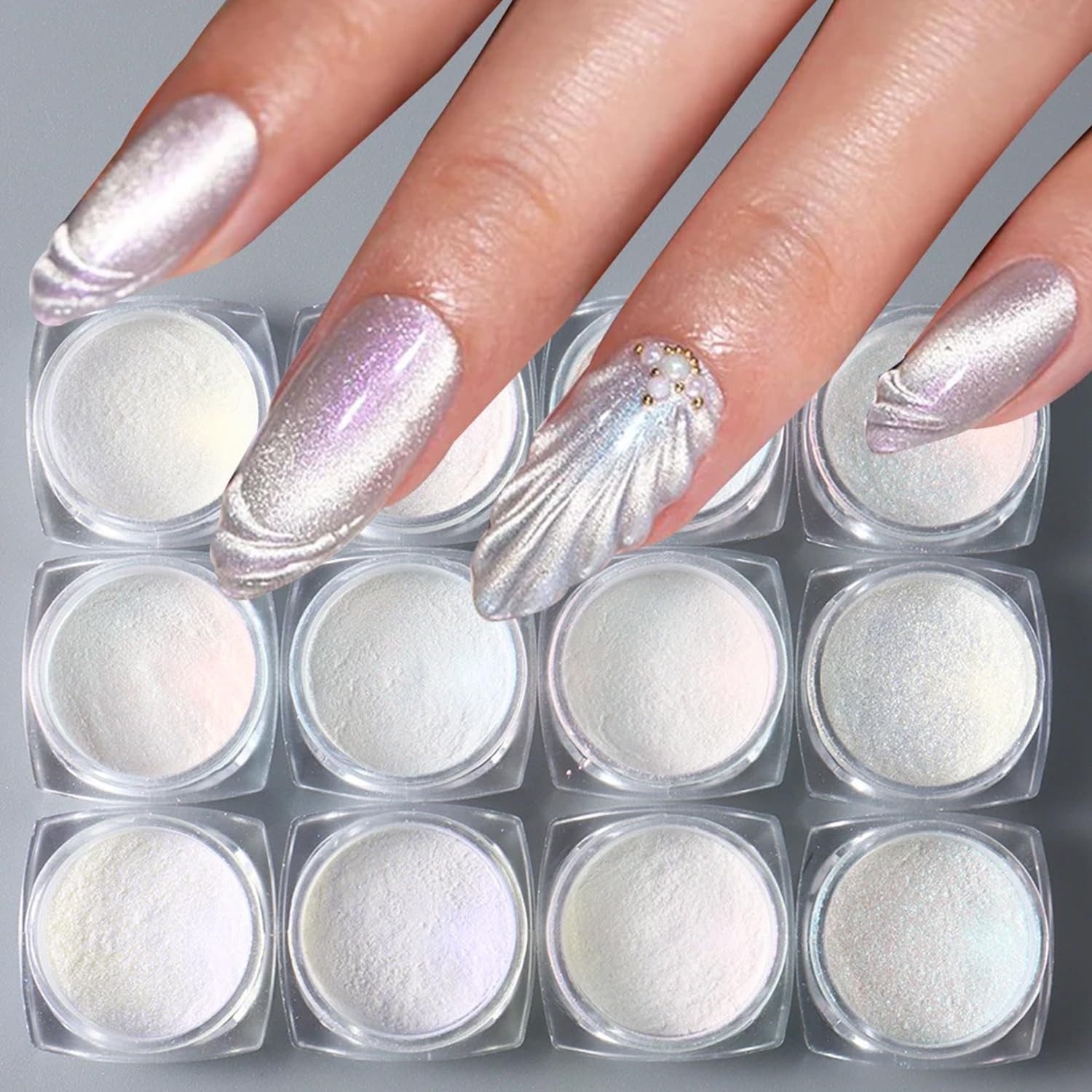 WOKOTO 12 Colors White Pearl Chrome Nail Powder for Art, Multi-Color