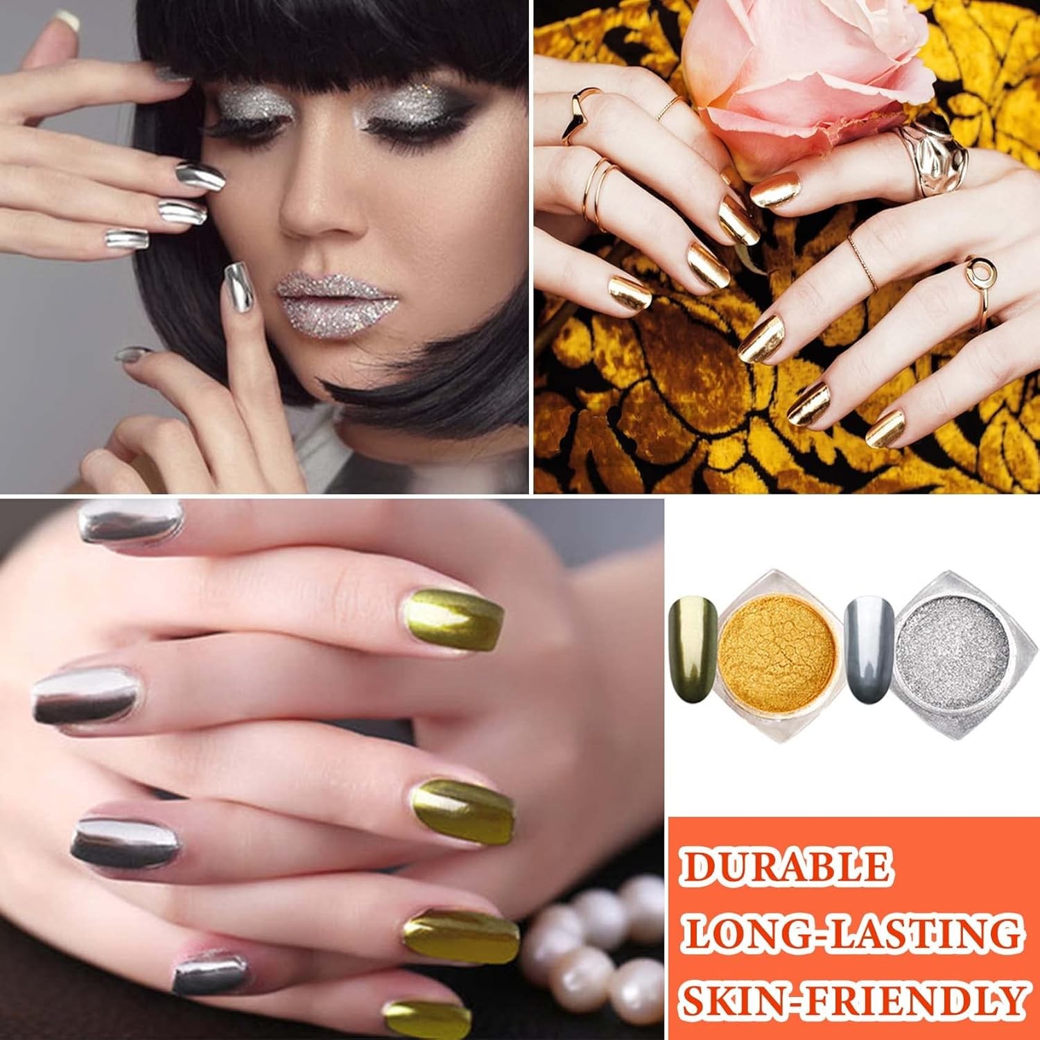 2Pcs Gold Silver Chrome Nail Powder,Holographic Highly Pigmented A