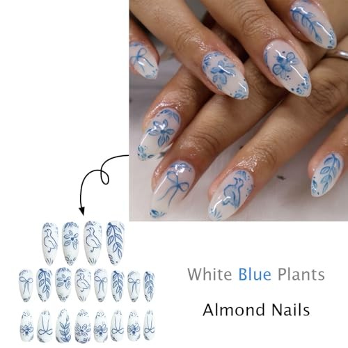 24Pcs Blue Flower Press on Nails Medium Almond Fake Nails Spring White Blue