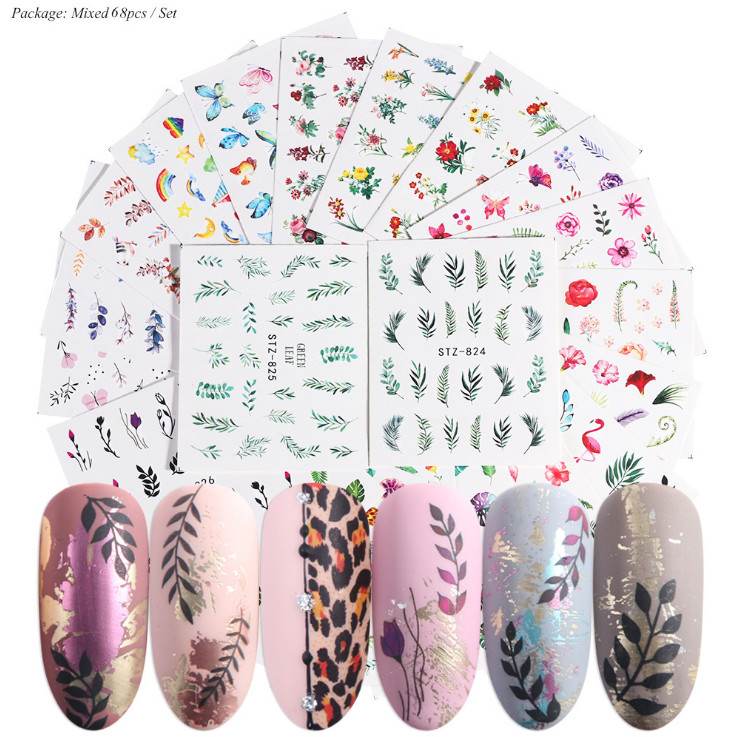 28 Pages Nail Art Water Transfer Sticker Flower Leaves Butterfly Flamingo Bird
