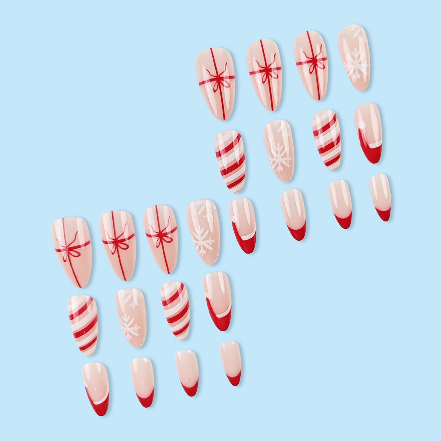 24 Pcs Christmas Press on Nails Almond Medium Fake French Tip Style 6