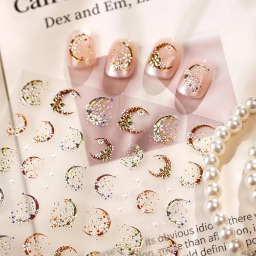 5D Embossed Gold Moon Daisy Nail Stickers for Women Pearl Star Nail Style-36