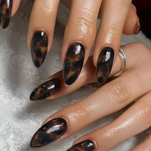 Brown Press On Nails Almond Medium, Amber Leopard Print Nails almond-brown B