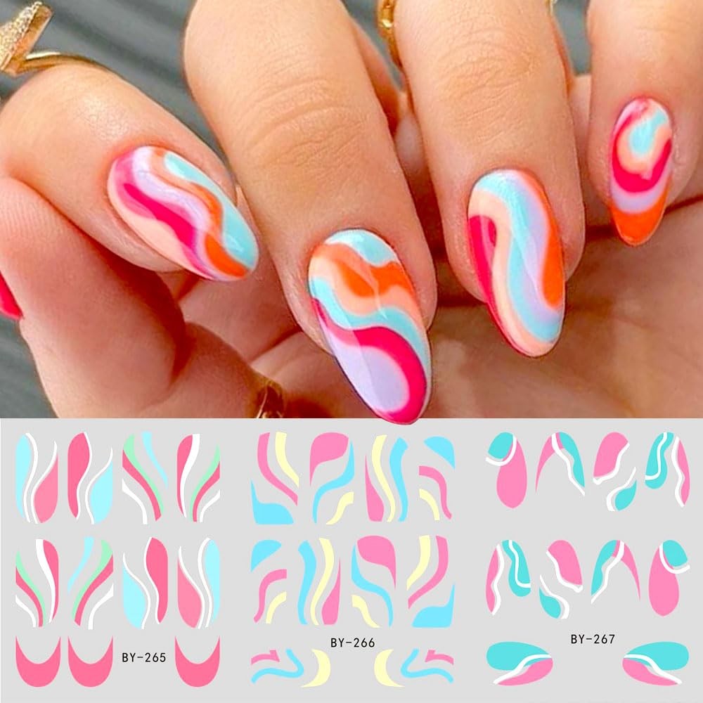 Colorful Wave Lines Nail Art Stickers for Girls – Neon Ribbon Strips Water Tr…